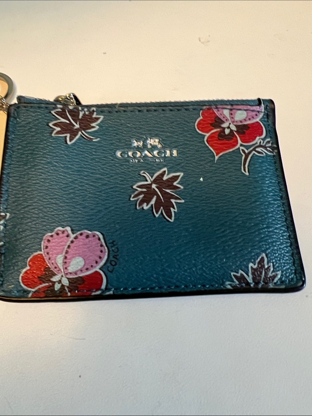 Coach Mini Skinny ID Case Teal Wildflower Floral Keychain Wallet F12555